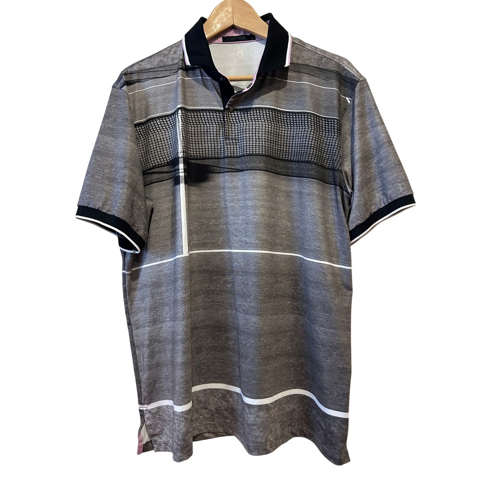 Greyson Polo Shirt Size L Grey Tennis Court AOP Graphic Golf Performance‎ Preppy